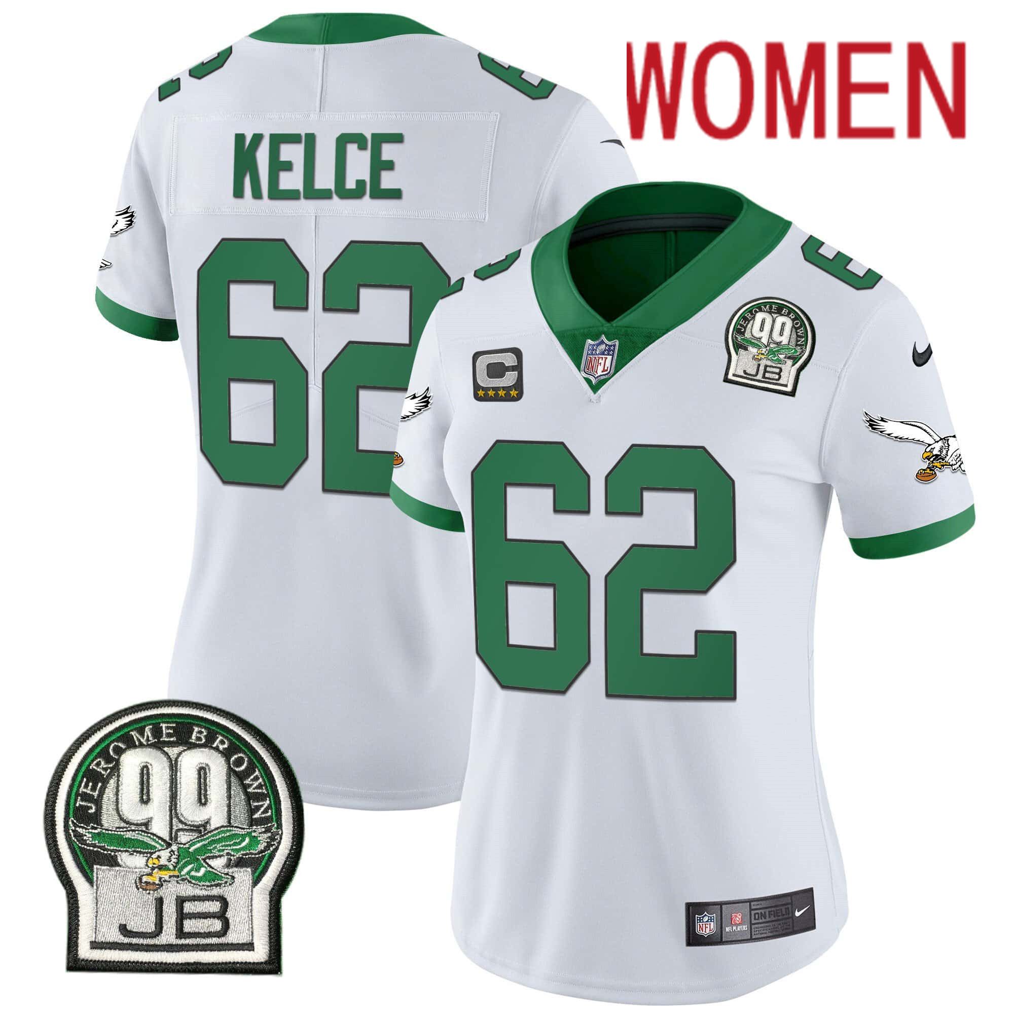 Women Philadelphia Eagles #62 Kelce White 2024 Nike Jerome Brown Patch Alternate Limited NFL Jersey